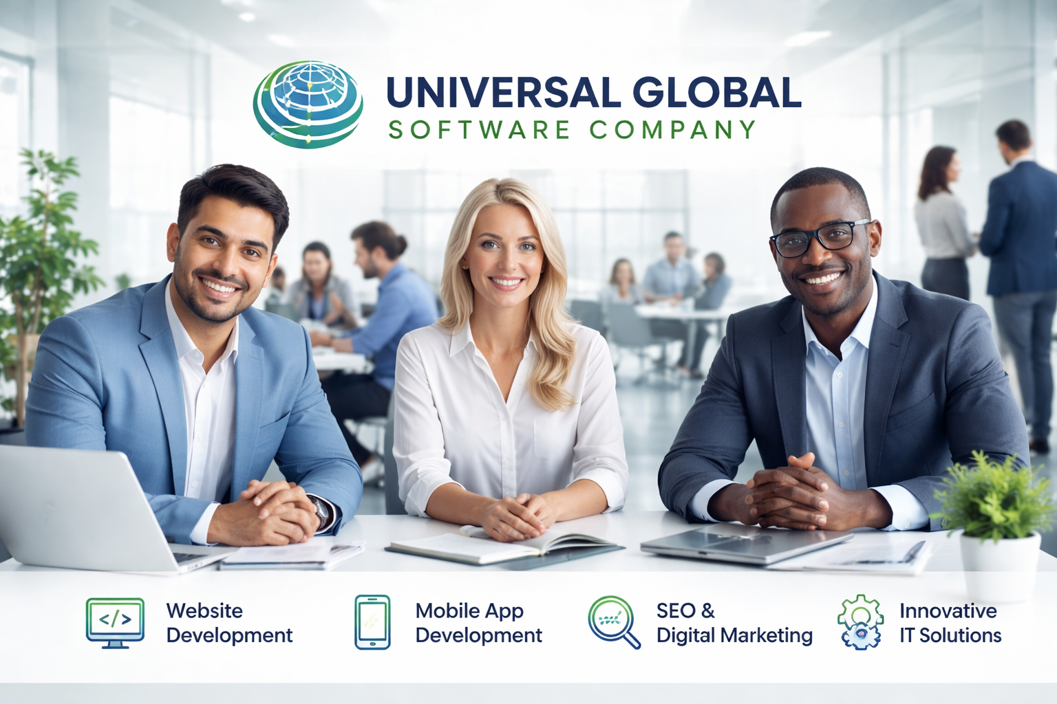 Universal Global Software Company team working on website development, mobile app development and digital marketing solutions